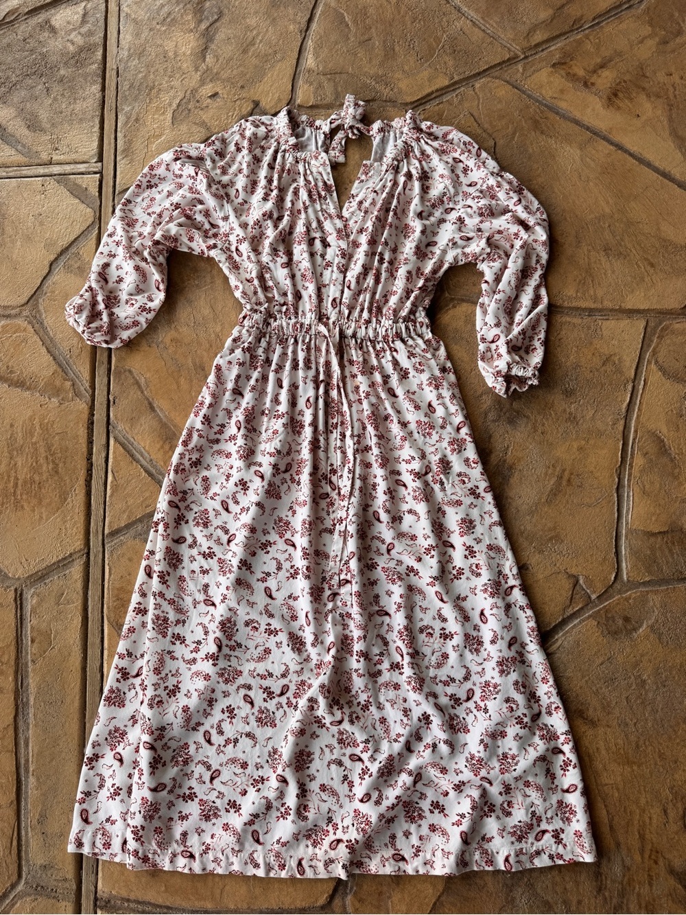 Xirena Salma Cinch Midi Dress S Cream Red Paisley Long Sleeve Rayon Boho - Picture 14 of 14
